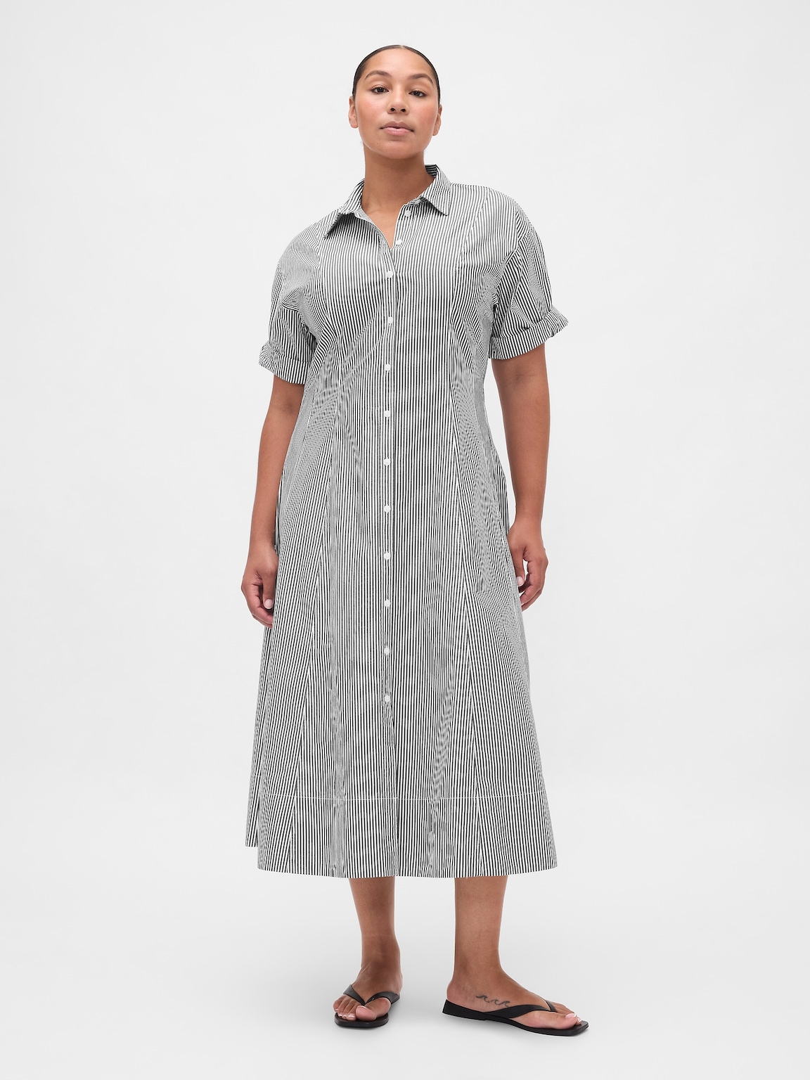 Poplin Roll-Cuff Midi Shirtdress
