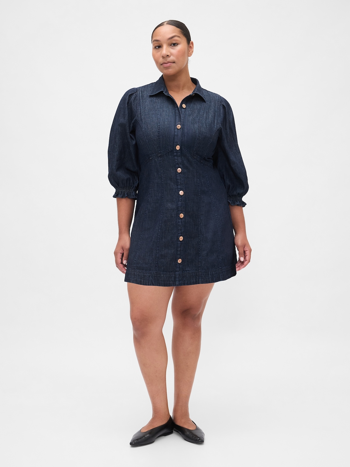 Denim Puff-Sleeve Seamed Mini Dress