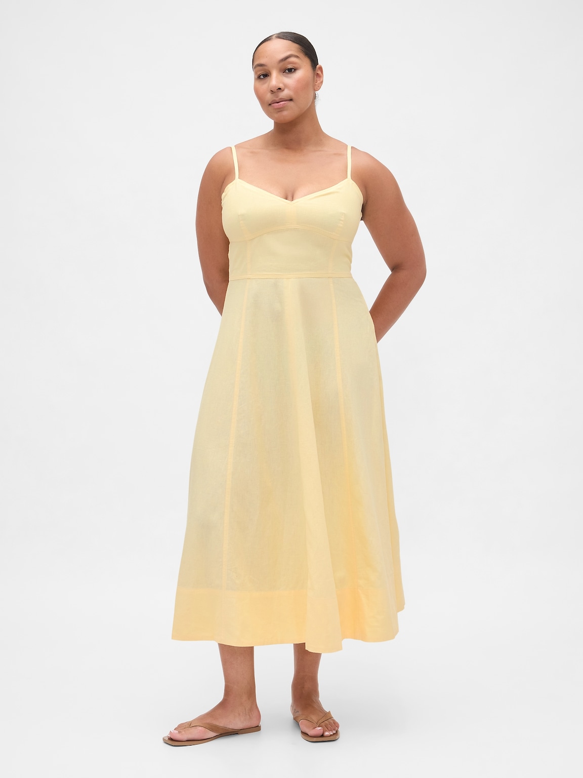Linen-Blend Seamed Corset Midi Dress