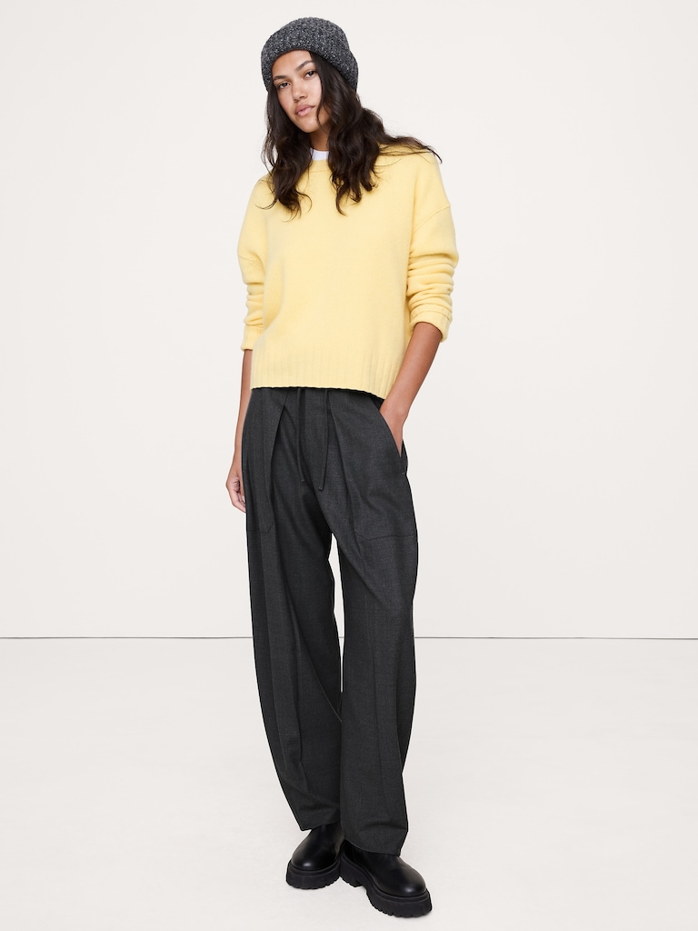 High-Rise Pleated Barrel Flannel Pull-On Pant
