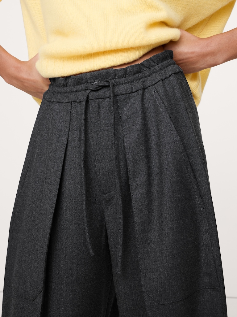 High-Rise Pleated Barrel Flannel Pull-On Pant