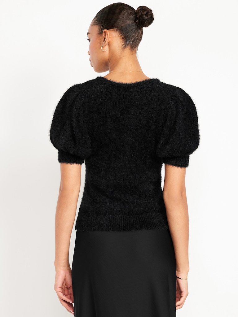 Cropped Puff-Sleeve Eyelash Sweater