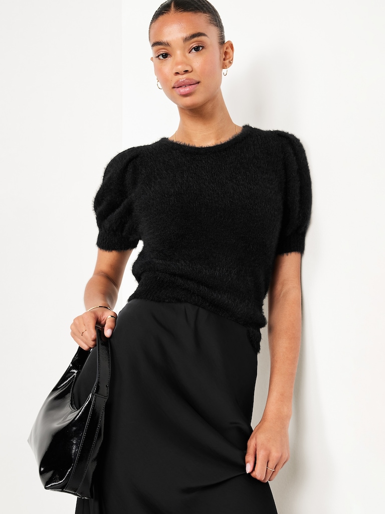 Cropped Puff-Sleeve Eyelash Sweater