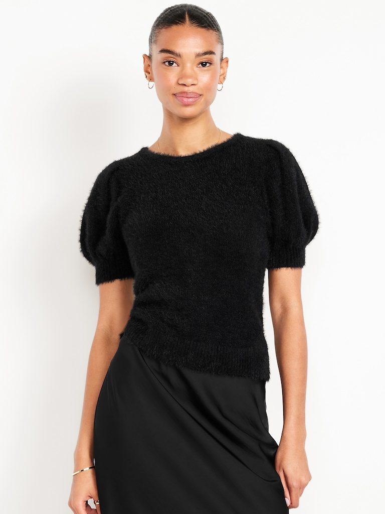 Cropped Puff-Sleeve Eyelash Sweater