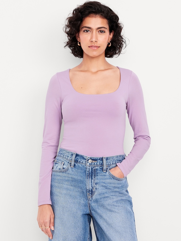 Fitted Double-Layer Scoop-Neck Top