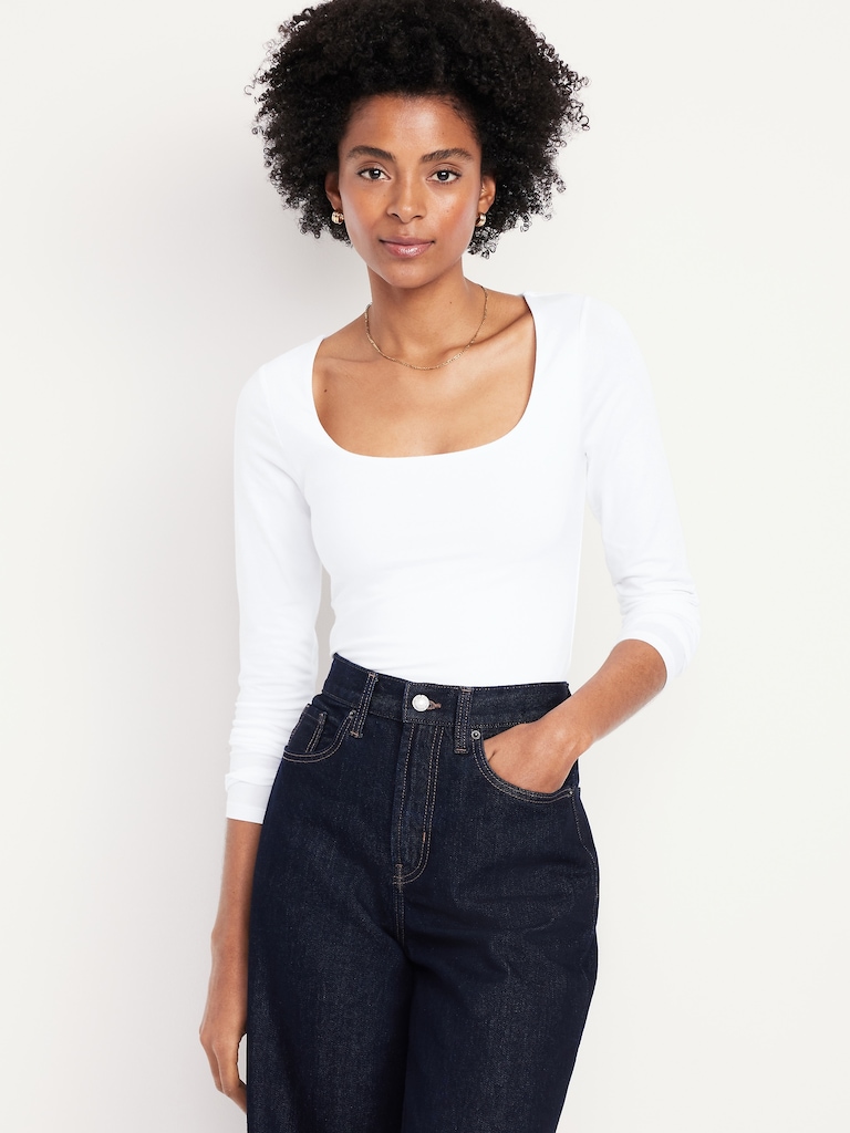 Fitted Double-Layer Scoop-Neck Top