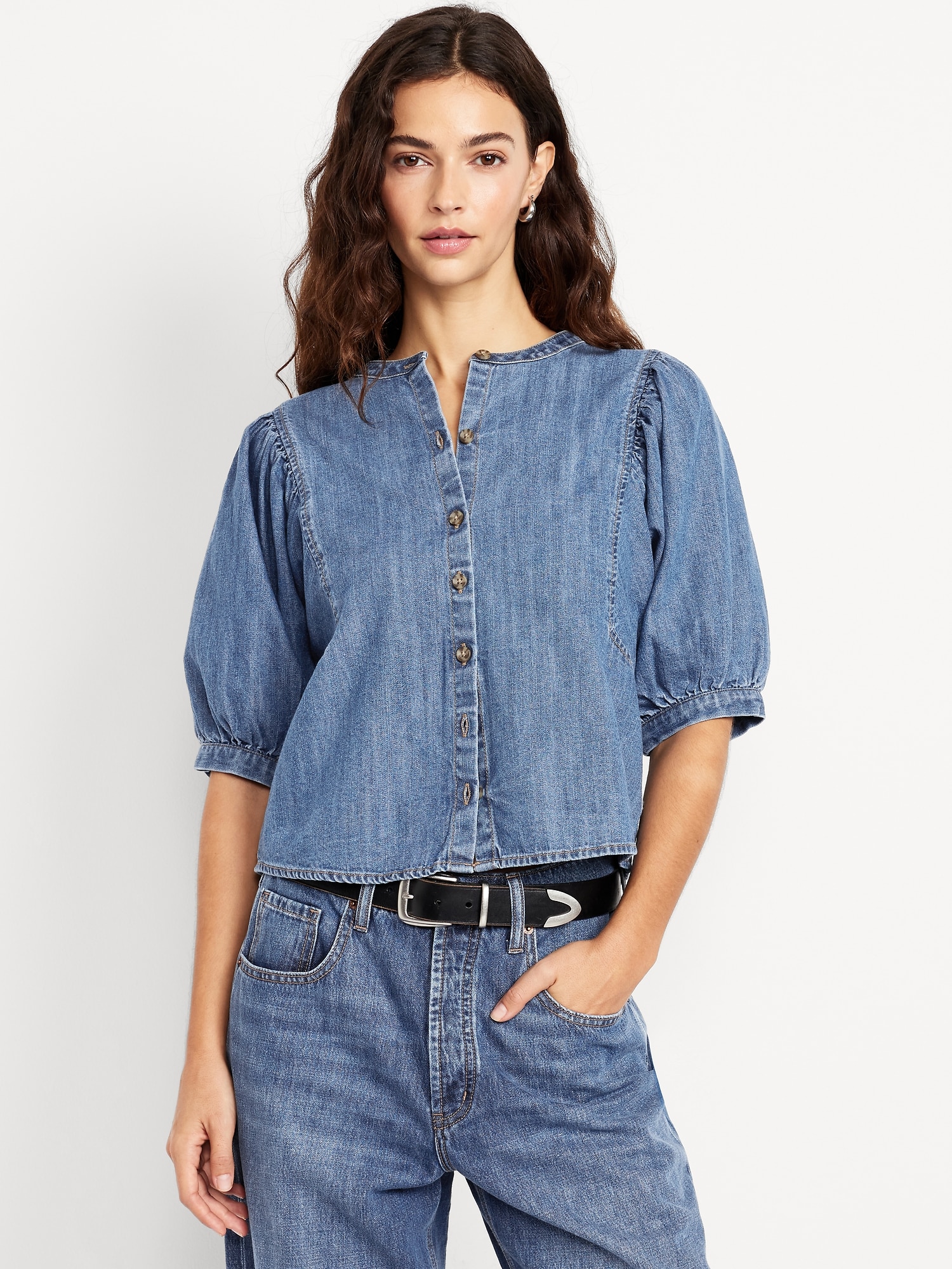 High-Neck Jean Peplum Top