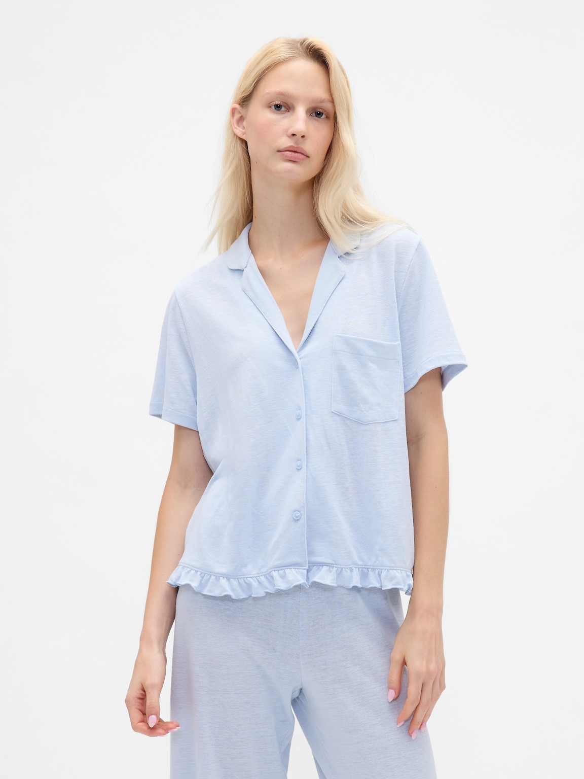 Linen-Blend Ruffle PJ Shirt