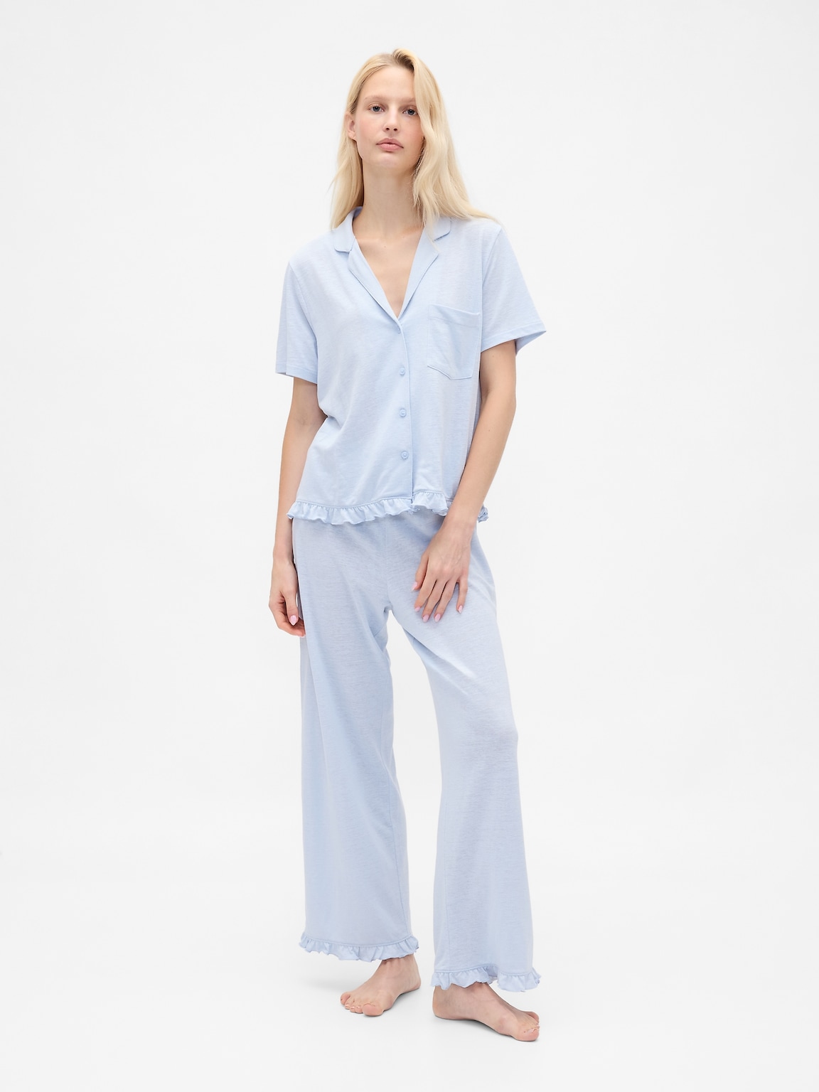 Linen-Blend Ruffle PJ Shirt