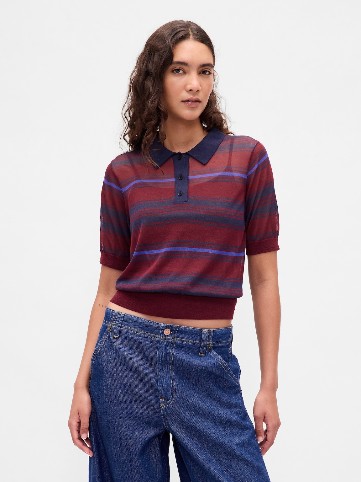 Sheer Crop Polo Sweater