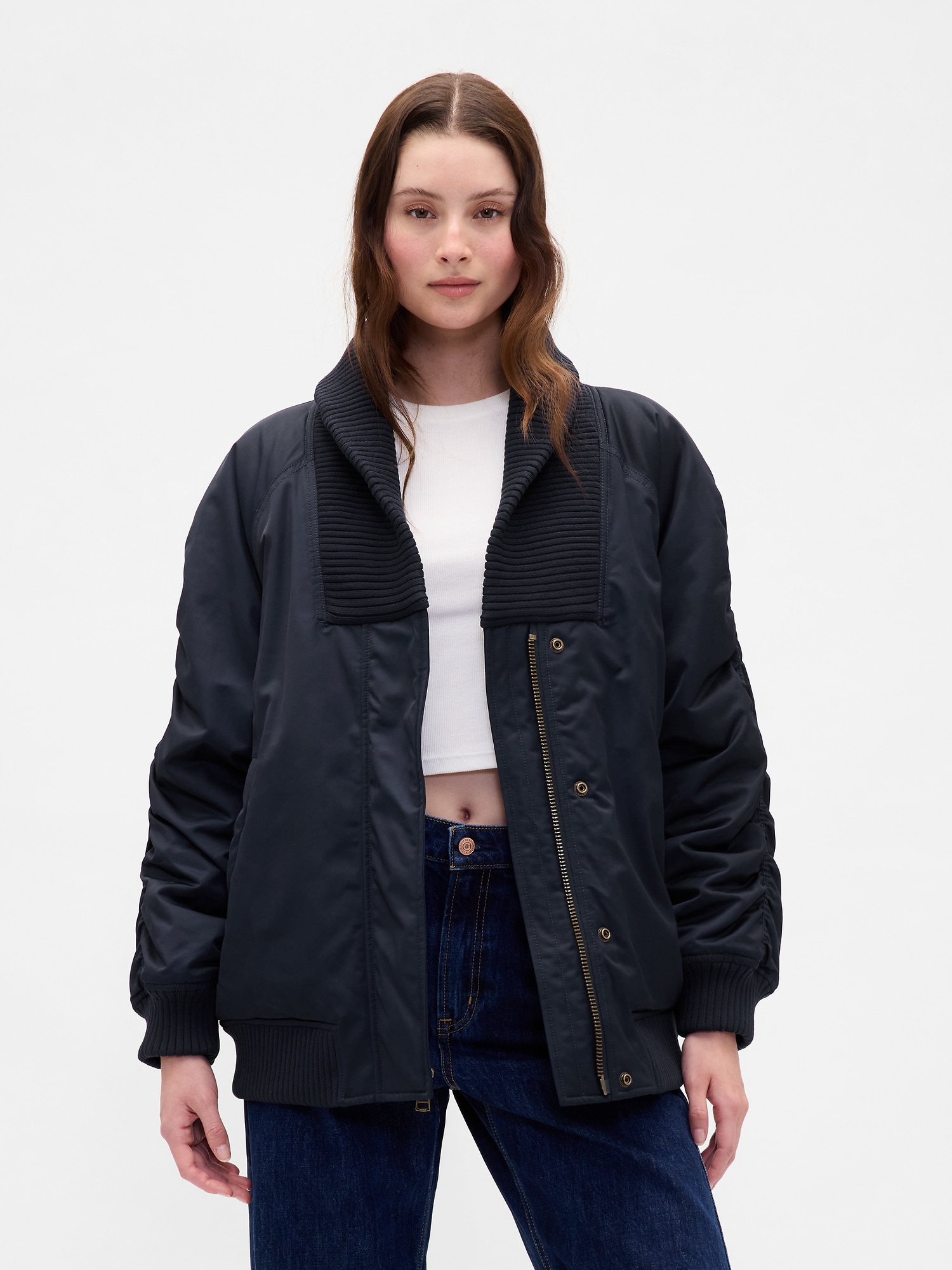 Oversized Knit-Trim Bomber Jacket | Gap