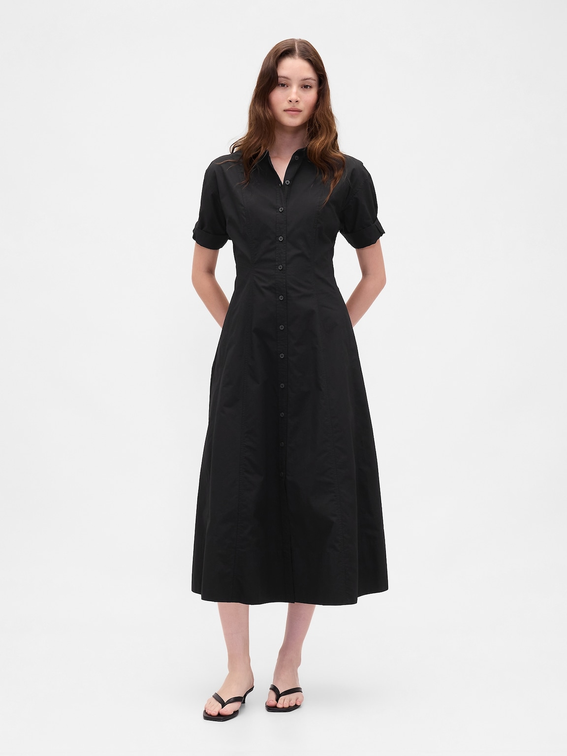 Poplin Roll-Cuff Midi Shirtdress