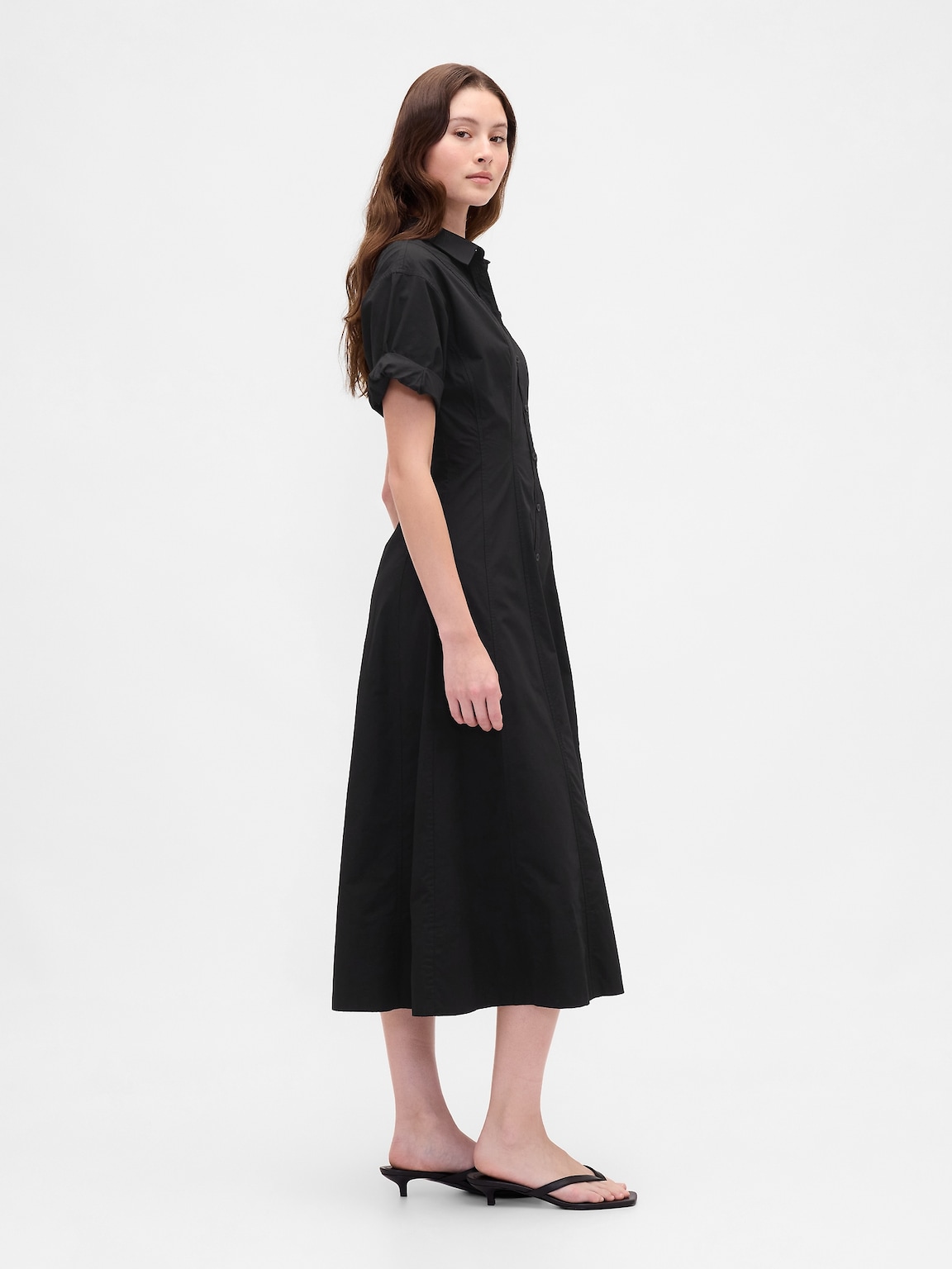 Poplin Roll-Cuff Midi Shirtdress