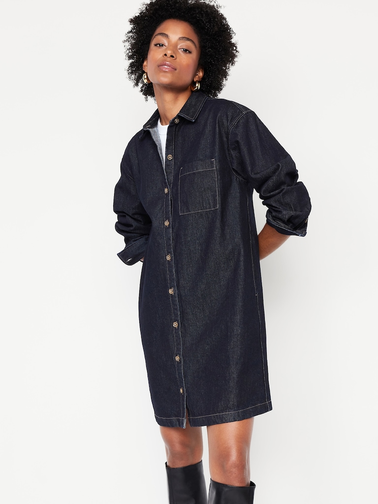 Long-Sleeve Denim Mini Shirt Dress