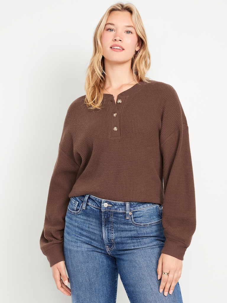 Oversized Cozy Waffle Henley Top