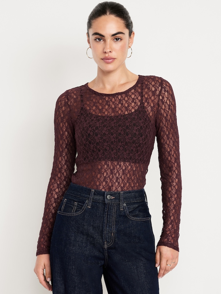 Long-Sleeve Lace Crew-Neck Top
