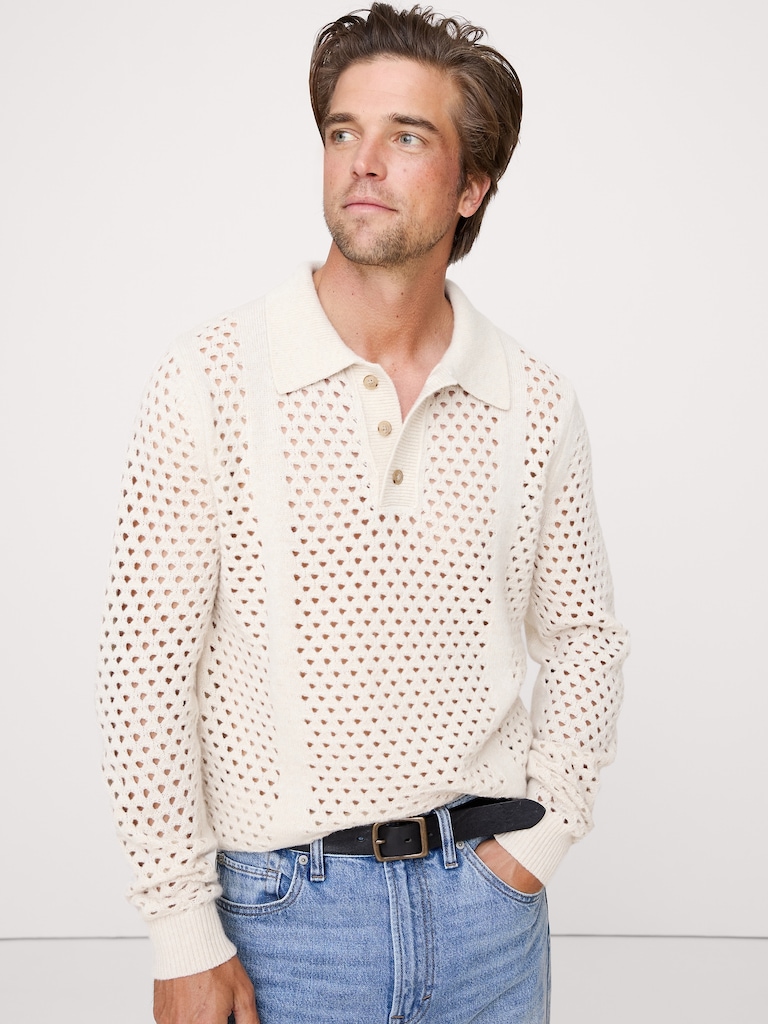 Italian Wool-Blend Mesh Sweater Polo