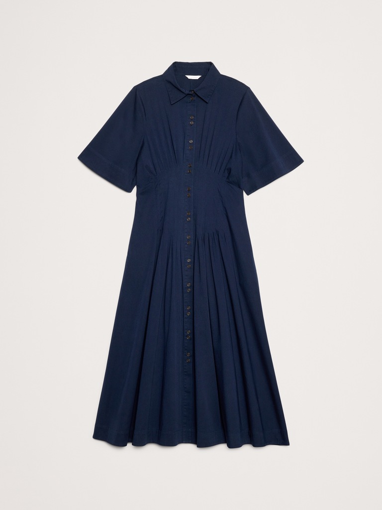 Stretch-Cotton Poplin Pintuck Long-Midi Shirt Dress