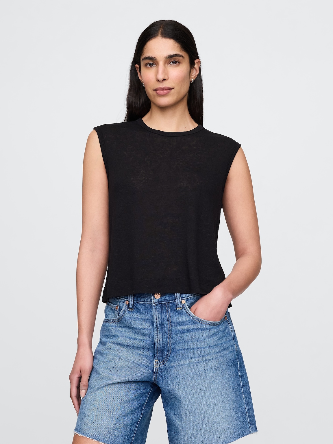 Linen-Blend Crewneck Shell Tank Top