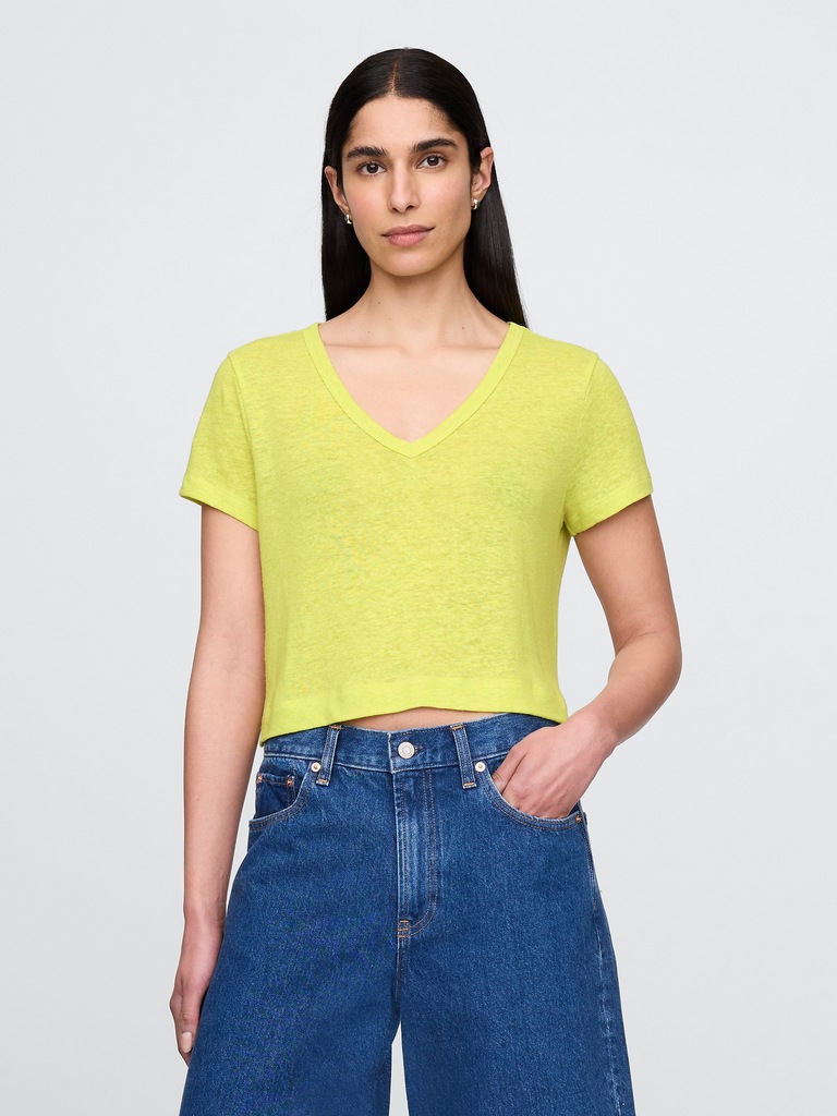 Linen-Blend V-Neck Crop T-Shirt