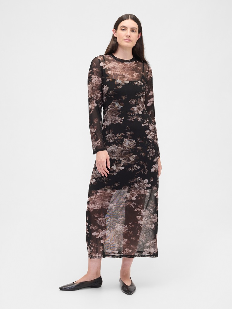 Print Mesh Maxi Dress