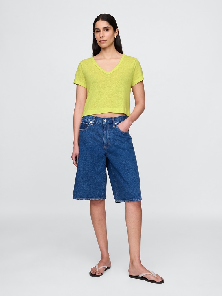 Linen-Blend V-Neck Crop T-Shirt