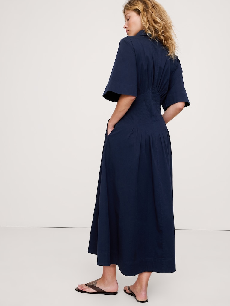 Stretch-Cotton Poplin Pintuck Long-Midi Shirt Dress