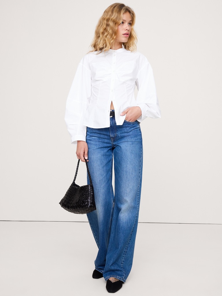 Cotton Poplin Balloon-Sleeve Shirt