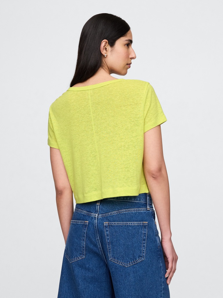 Linen-Blend V-Neck Crop T-Shirt