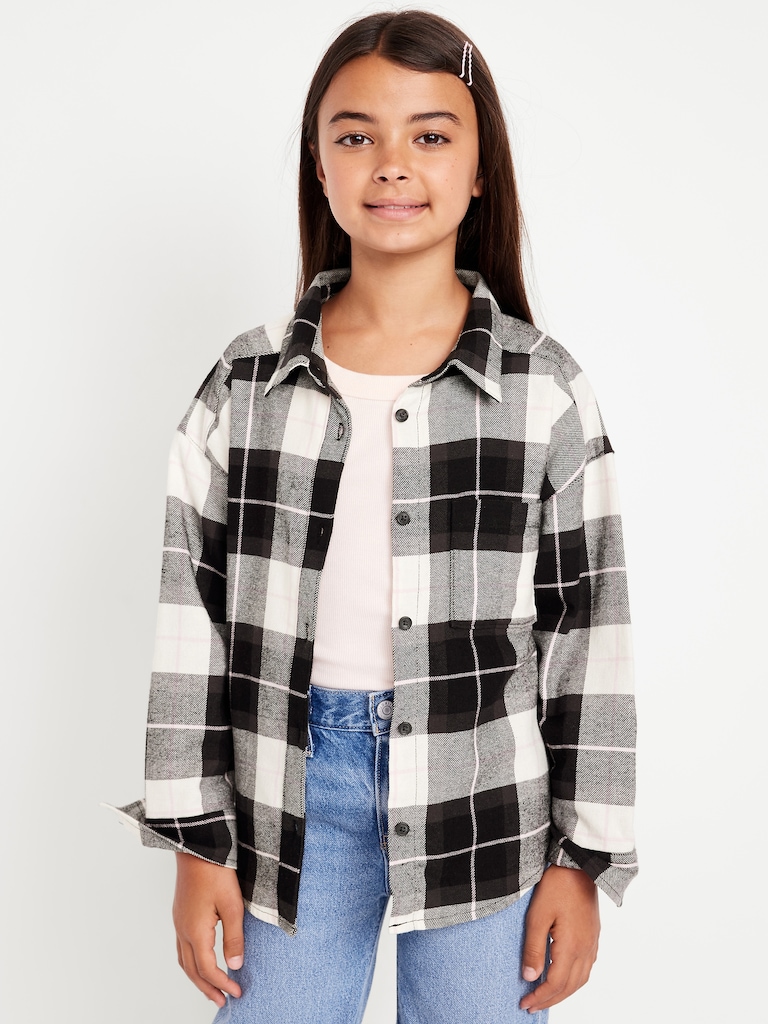 Oversized Long-Sleeve Plaid Flannel Shirt for Girls