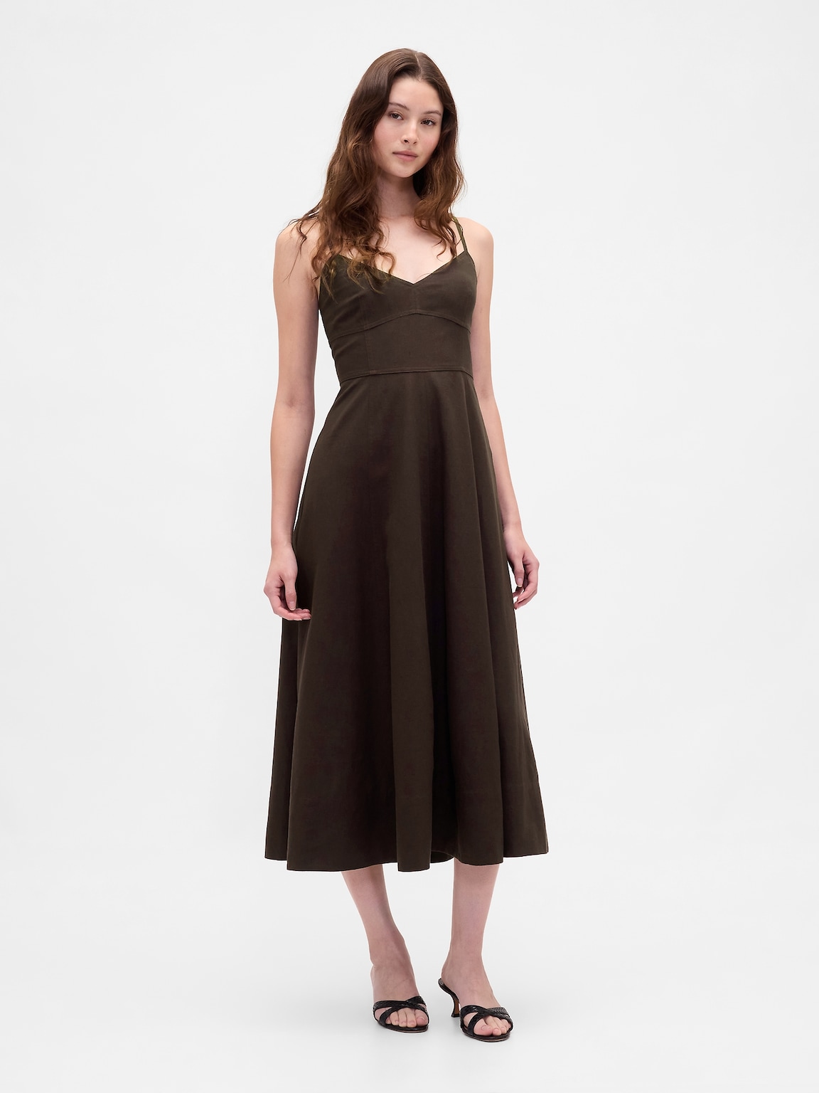 Linen-Blend Seamed Corset Midi Dress