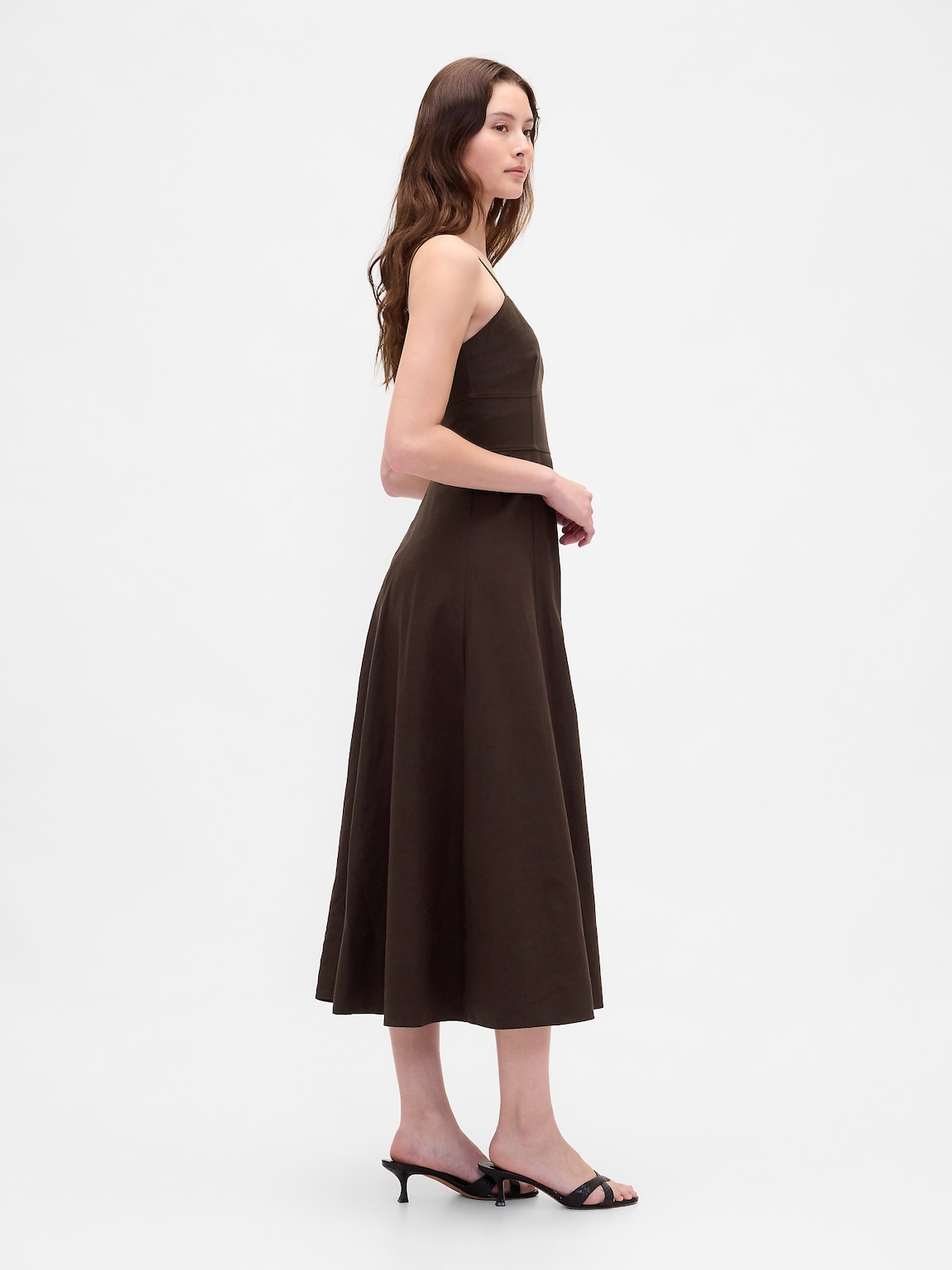 Linen-Blend Seamed Corset Midi Dress
