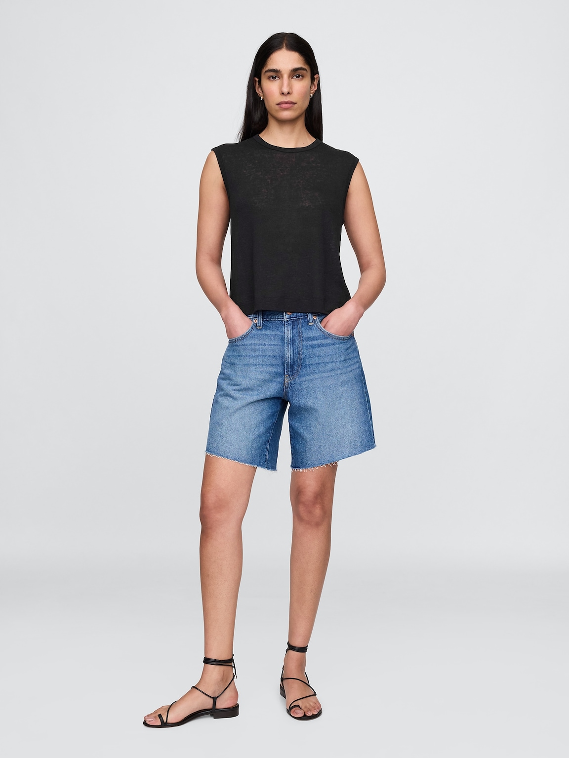 Linen-Blend Crewneck Shell Tank Top