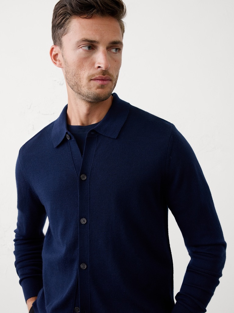 Merino Wool Button-Through Sweater Polo