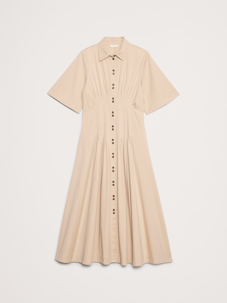 Stretch-Cotton Poplin Pintuck Long-Midi Shirt Dress