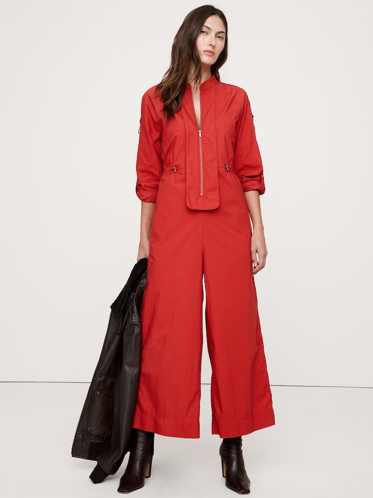 Cotton Poplin Zip Utility Cropped Jumpsuit