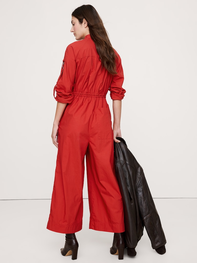 Cotton Poplin Zip Utility Cropped Jumpsuit
