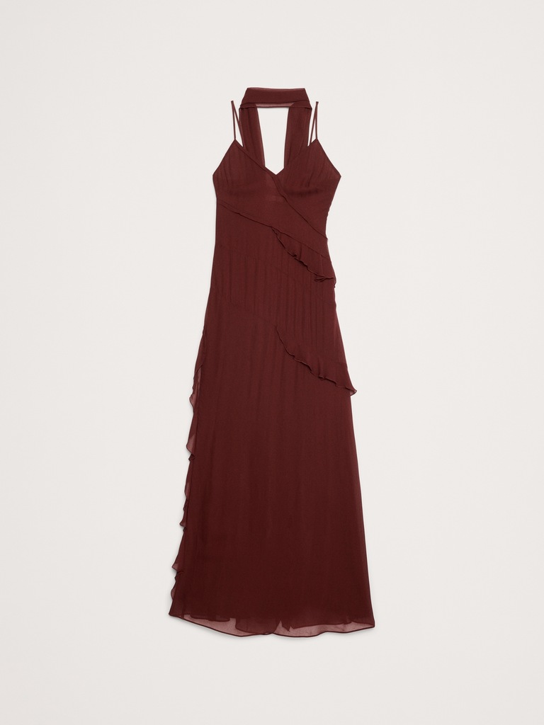 Georgette Ruffle Maxi Dress with Scarf