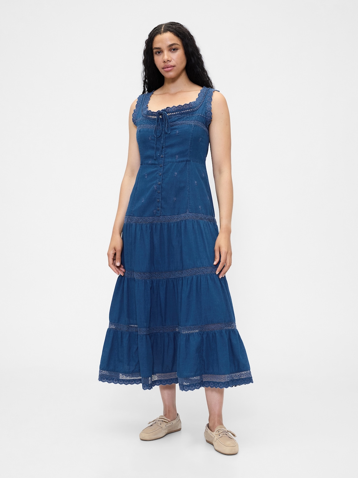 Lace-Trim Tiered Maxi Dress