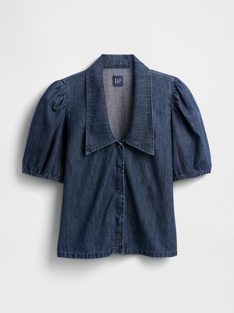 Denim Puff-Sleeve Collared Shirt