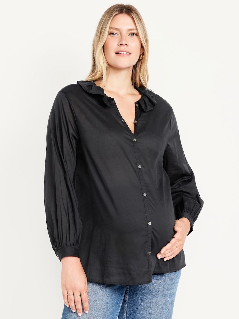 Maternity Long Sleeve Button-Down Ruffle Shirt