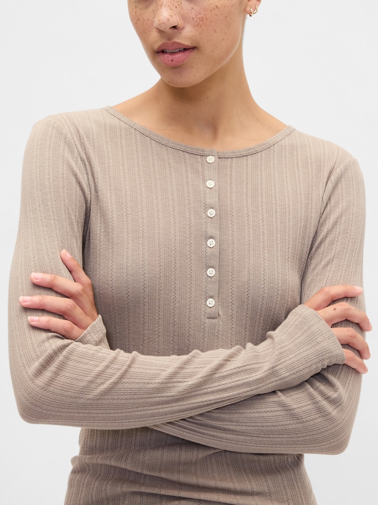 Ribbed Pointelle Henley T-Shirt