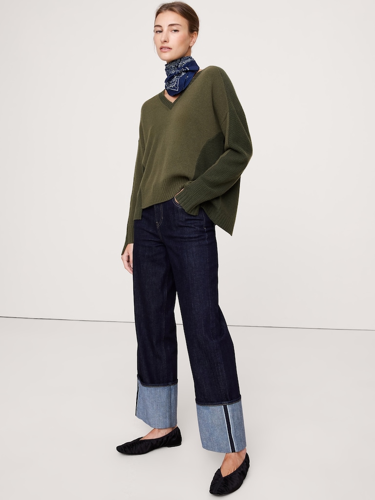 Cashmere Mixed-Stitch V-Neck Sweater