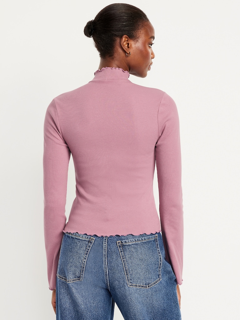 Mock-Neck Lettuce-Edge Rib Top