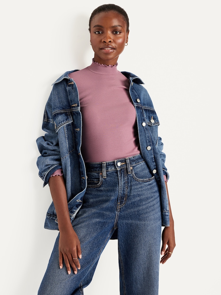 Mock-Neck Lettuce-Edge Rib Top