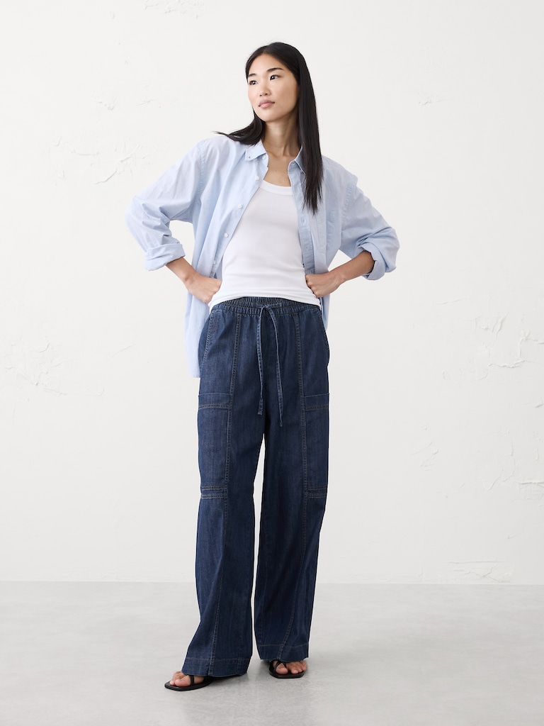 Wide-Leg Mid-Rise Cargo Pull-On Jean