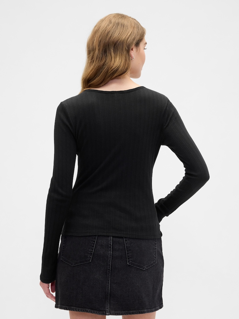 Ribbed Pointelle Henley T-Shirt