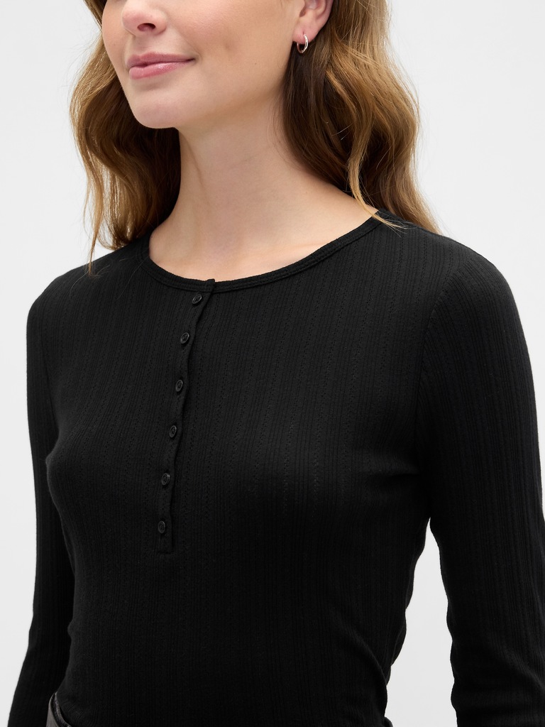 Ribbed Pointelle Henley T-Shirt