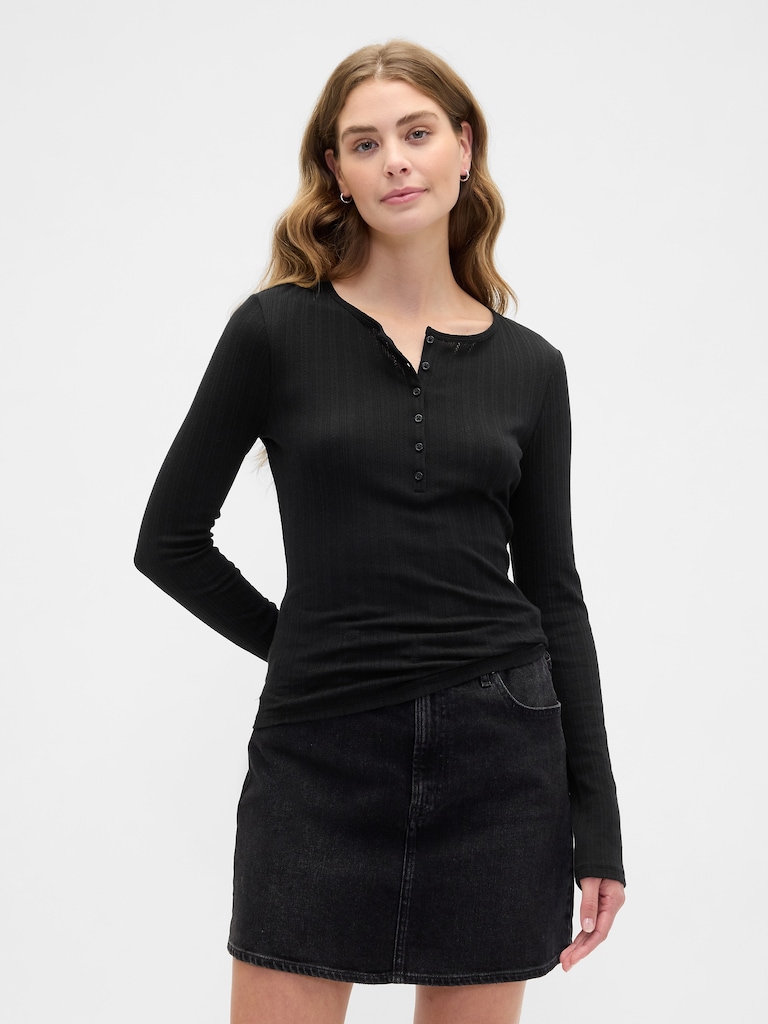 Ribbed Pointelle Henley T-Shirt