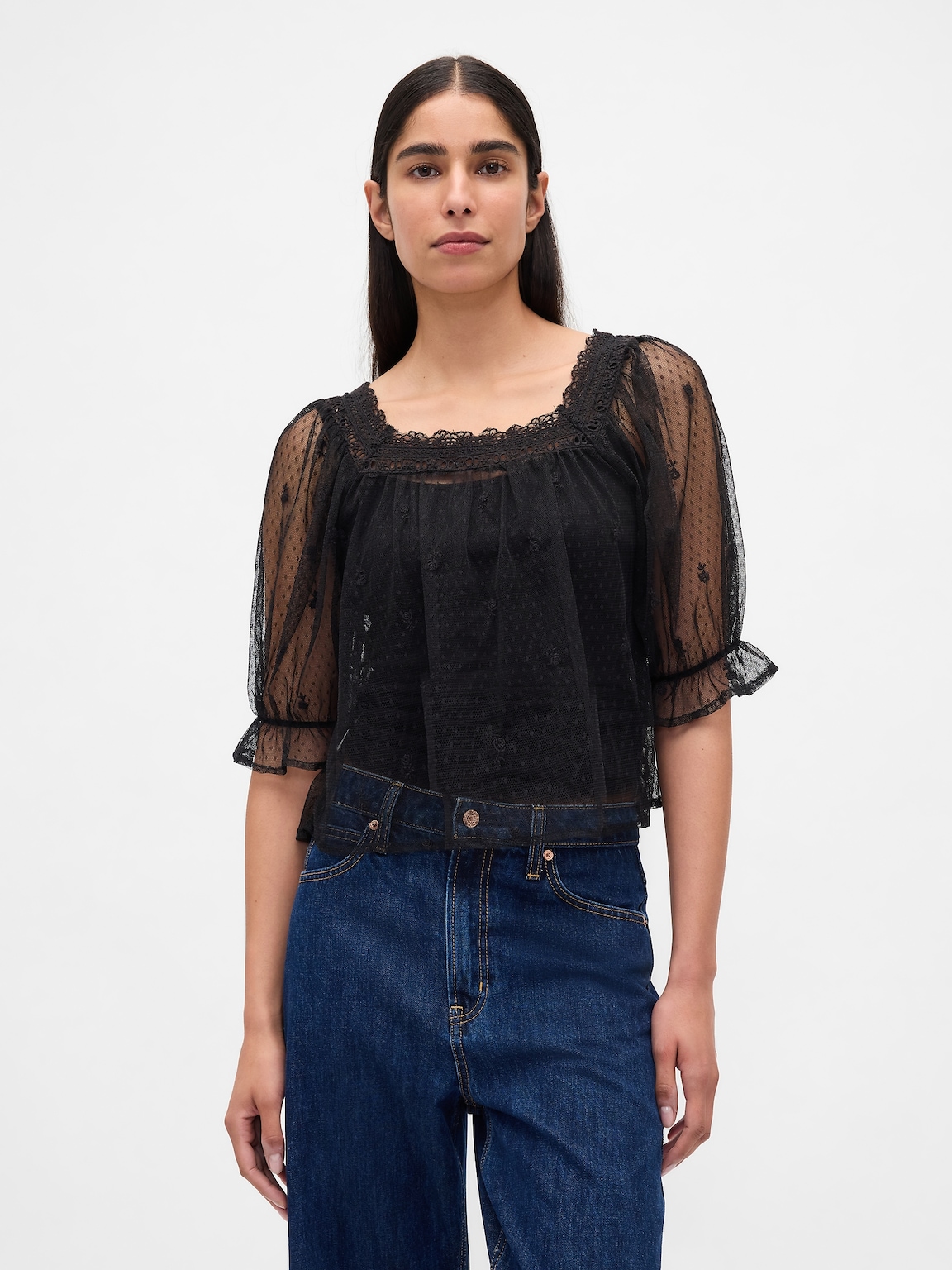 Sheer Tulle Embroidered Top